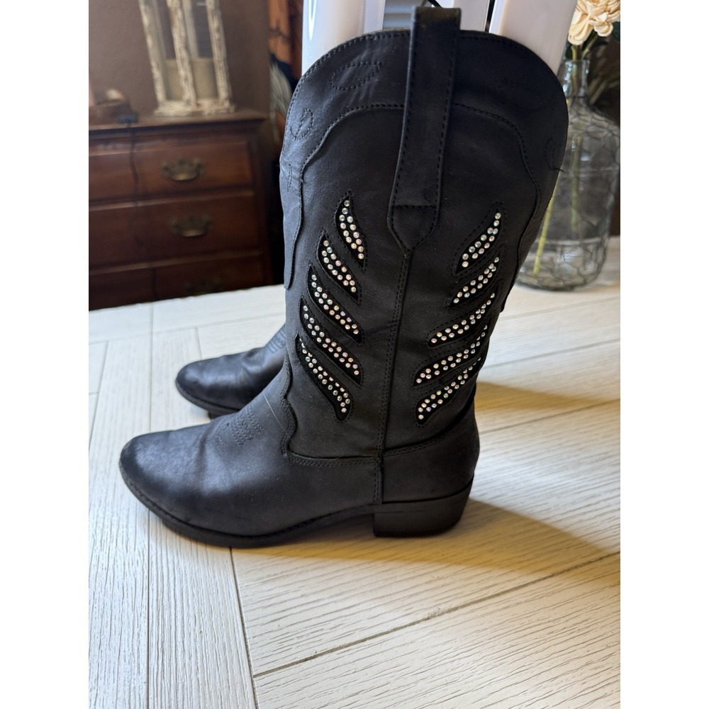 Justice Rhinestone Black Western Boots Faux Suede Leather Cowgirl Block Heel‎ 7